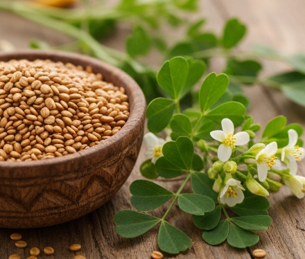Graines de fenugrec et plante Trigonella foenum-graecum dans un champ